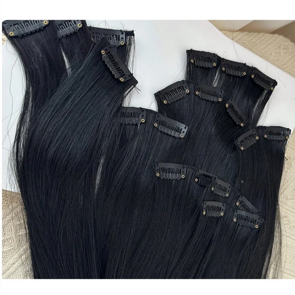 Human hair blend Long Black hair Extensions Clips
